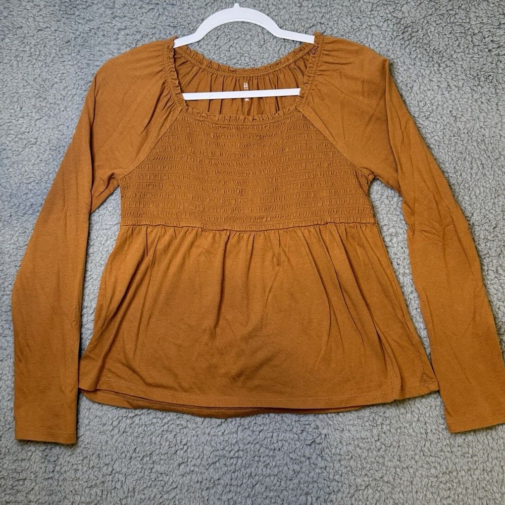 Gap Kids Girl's Smocked Babydoll Swing Long Sleeve Blouse Brown Size XXL